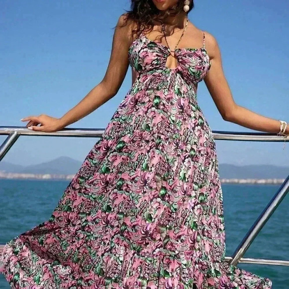 Multicolor Boho Women's Plant Pattern Print Backless Spaghetti Strap Dress - Picture 1 of 6